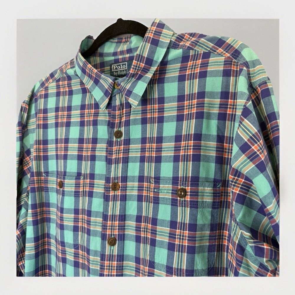 Polo Ralph Lauren Turquoise Plaid Button Up Shirt XXL Long Sleeve Western